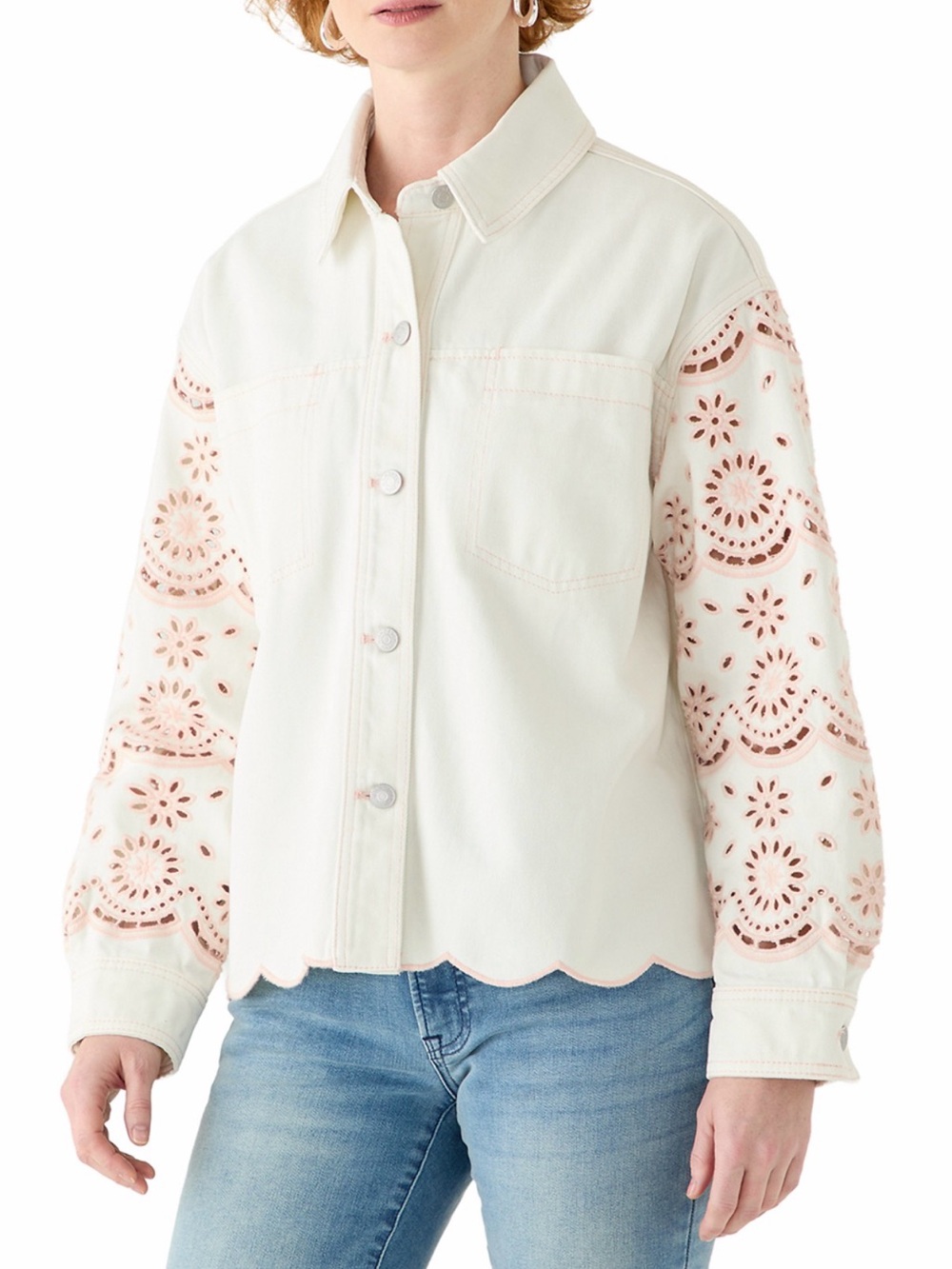 Women's Cream Eyelet-Sleeve Jean Jacket
